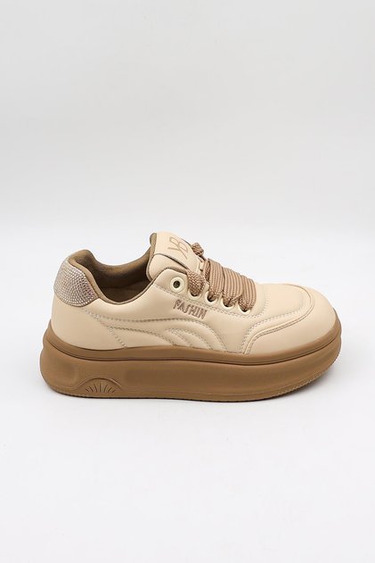 KristeBell İthal Özel Seri Kadın Taş Detaylı Bağcıklı Sneaker Ayakkabı KB1036 - Bej - 36