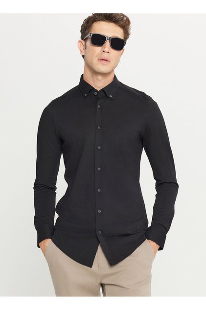 Slim Fit Buttoned Collar Black Men's Shirt Ace020261468_Syh
