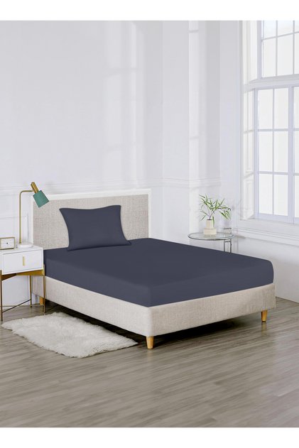 Single Plain Fitted Elastic Bedsheet with 1 Pillow Case 90 x 190 Cm (Navy Blue)