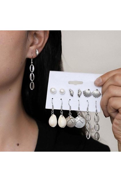Set de 6 perechi de cercei, argintii, cu scoici, Asmine C7