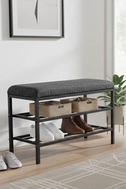 Lotus Metal Modern Ayakkabılık, Bank, Yatak Ucu, Organizer, Oturak,Puf 3 Katlı 30x70 Keten Kumaş