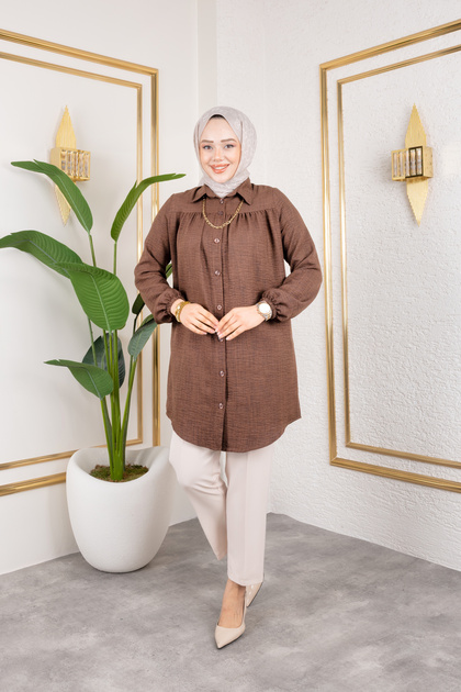 Gathered Front Tunic with Elastic Ankle - Brown / Ü104