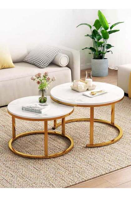 Round Modern Nesting Coffee Set of 2, Stacking Living Room Accent Tables with an Industrial Wood Fin
