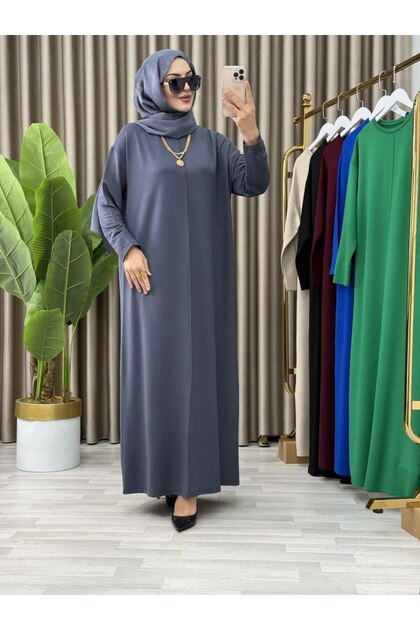 Wide Cut Dove Grey Hijab Dress Crystal Fabric Women's Smoked Gray Wide Cut Dress with Detailed Front Stitching