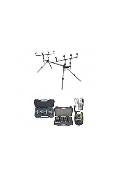 Set de pescuit Rodpod | Pod stabil din aluminiu cu 4 lansete + 4 alarme digitale TLI21 + 4 balansoare iluminate