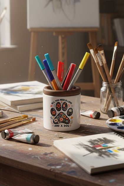 All You Need Is Love and a Dog Printed Ceramic Pen Holder Desktop Organizer