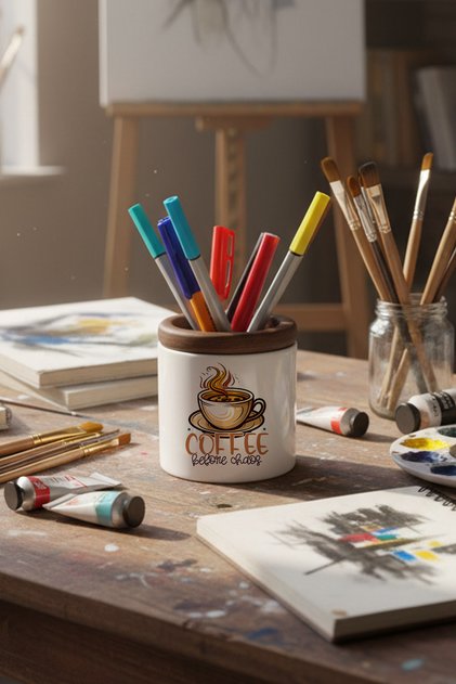 منظم سطح المكتب من السيراميك المطبوع عليه Coffee Before Chaos