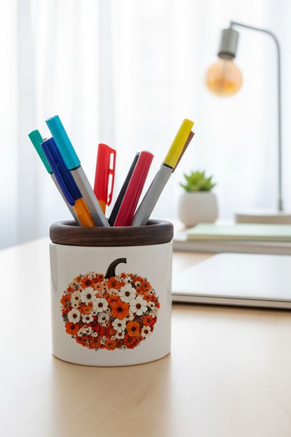 Boho Fall Pumpkin Floral Printed Ceramic Pen Holder Desktop Organizer