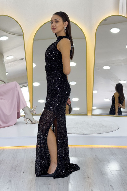 slim fit dress slacks Black Mini-Sequin Halter-neck Mini-Dress