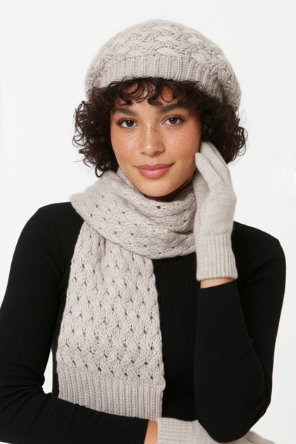 Women's Winter Knitted Beanie, Scarf and Gloves Set