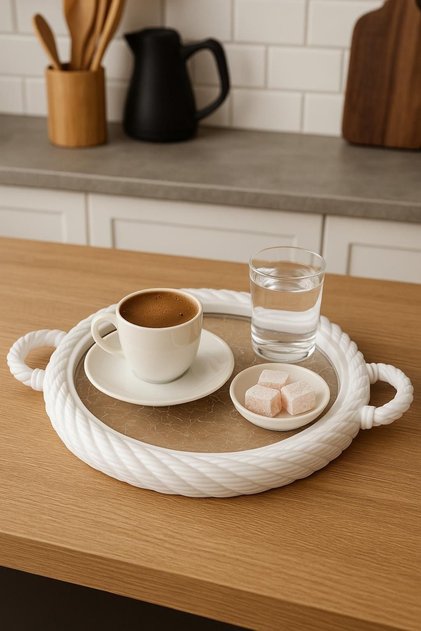 Coffee Presentation Tray Mesh Patterned Round White Plastic