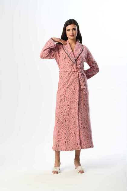 Women's Pink Jacquard Shawl Collar Lace Winter Special Design Full Length Dressing Gown