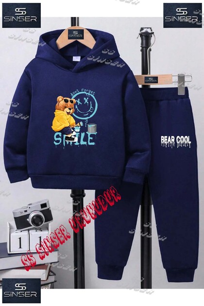 Children's Unisex Custom Printed Hoodie Tracksuit Set with the Design of a Teddy Bear in Turquoise Simile Paint