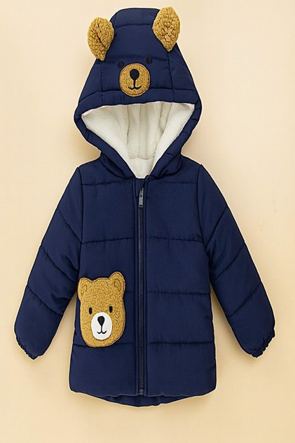 New Season Cute Teddy Bear Ears Pocketed Fur Lined Zippered Hooded Thick Winter Coat-Jacket