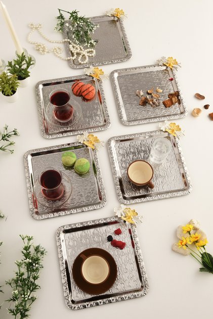 Denver Silver Stainless Patterned Square Corner Double Butterfly Detailed 6-Piece Coffee Tea Serving Tray