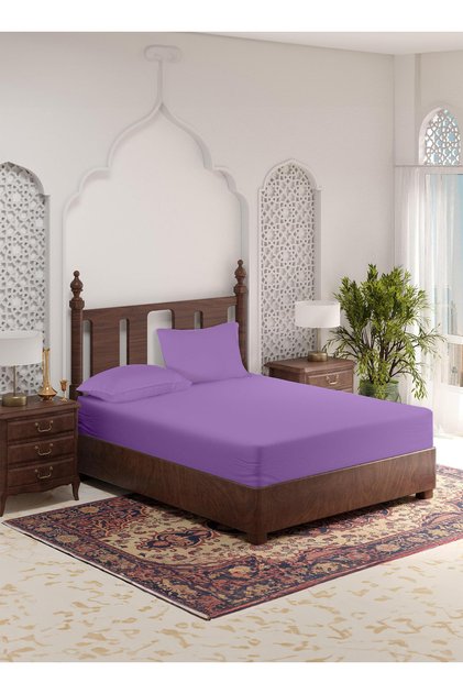 Queen Plain Fitted Elastic Bedsheet with 2 Pillow Cases 180 x 200 Cm (Lavender)
