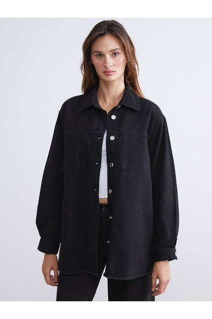 Two Mt Shop Quality Lcwaikiki Classic Black Denim Look Straight Oversize Women's Jean Jacket