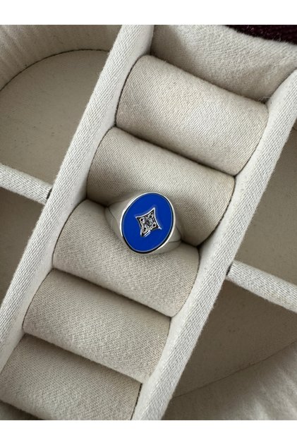 Stone-Encrusted Navy Blue Enamel Silver Color Pinky Ring