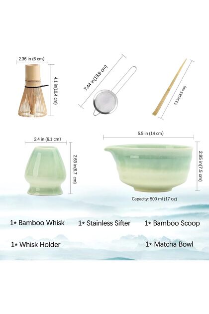 5 Pcs Ceramic tea Matcha Set Includes Bowl, Whisk ,Holder, Bamboo Scoop, Sifter ,Japanese Matcha Kit