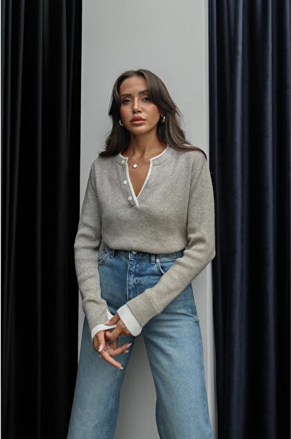 Taupe Double-Collar Buttoned Sweater