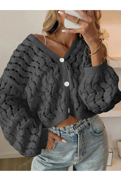 Tricotaj pentru femei cu decolteu în V Crop T mânecă Trend tricotaj cu aspect dantelat Cardigan cu nasturi, moale, tricotat, antracit