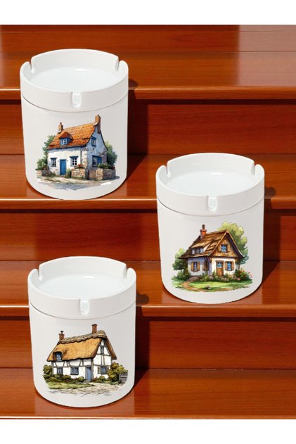 Village House Themed 3-Piece Ashtray Models - Odorless Ashtrays, Ceramic Ash Tray