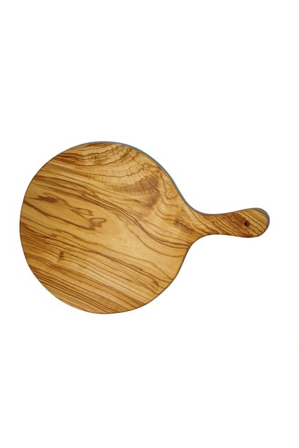 Tocător rotund din lemn de măslin, lucrat manual, cu mâner, Napoli, 43x30x2 cm