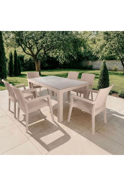 Mandella Zeus 6 Kişilik Camlı Masa Takımı - Cappuccino - 90x150 cm