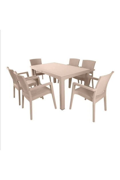Mandella Zeus 6 Kişilik Camlı Masa Takımı - Cappuccino - 90x150 cm