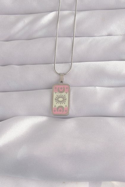 316L Steel Silver Color Pink Enamel Moon Figure Tarot Necklace -