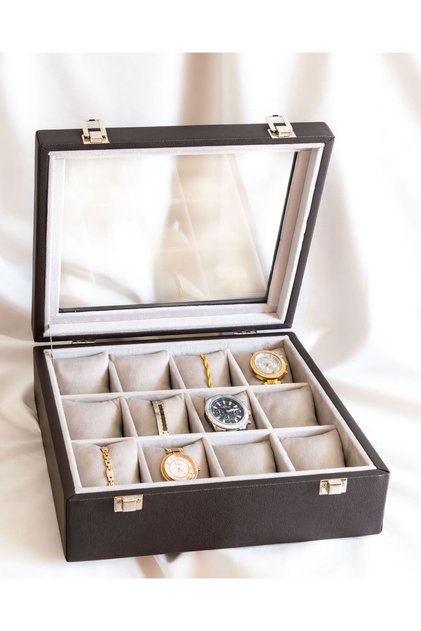 12-Piece Brown Watch Box, Faux Leather Covered, Custom Made, Handmade