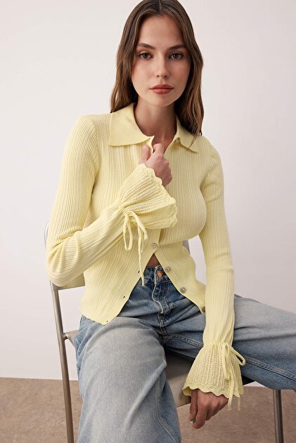 ヒロヒロ Trendyolmilla Sarı Merserize Görünümlü Fitilli Polo Yaka Triko