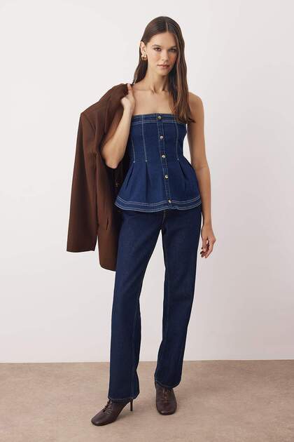 Trendyolmilla Koyu Mavi Straplez Dikiş Detaylı Denim Bluz