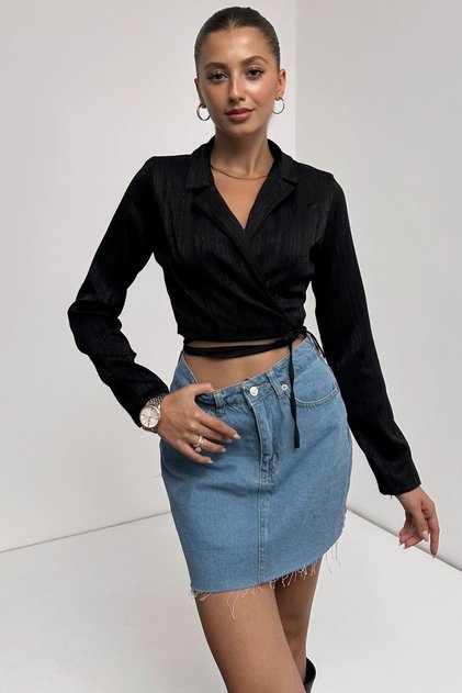 Women's Long Sleeve Shirt with Collar Tie Detail Crop Blouse Black