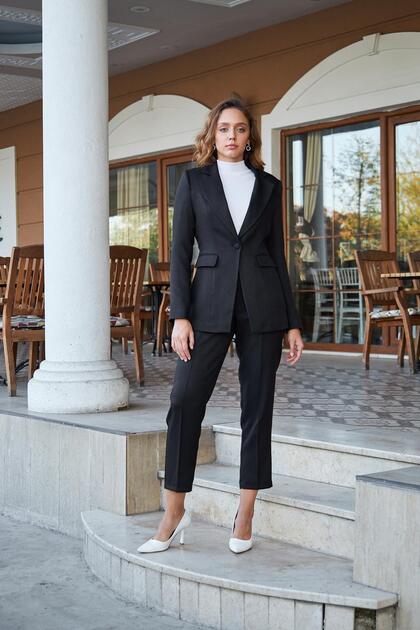 Black Single Button Wool Effect Suit
