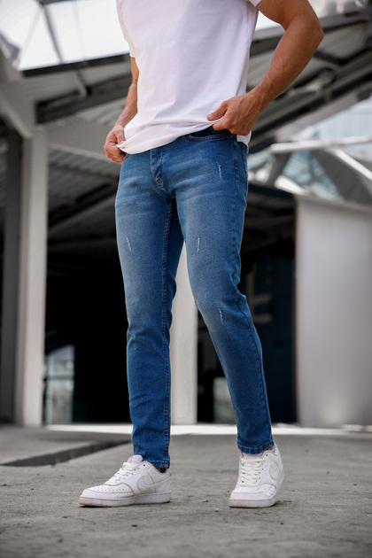 Men's Slim Fit Lycra Jeans Medium Blue with Studs