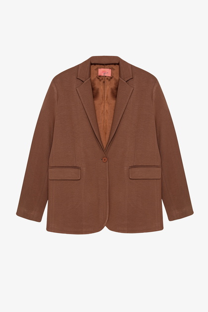 Quzu Tek Düğmeli Yumuşak Dokulu Oversize Blazer Ceket Kahverengi