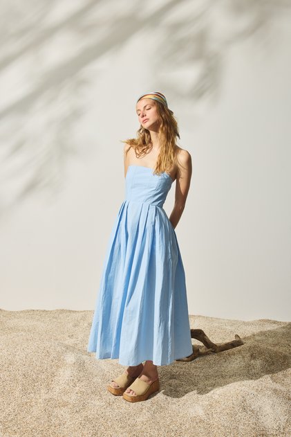 Strapless Pleated Detailed Long Dress Blue