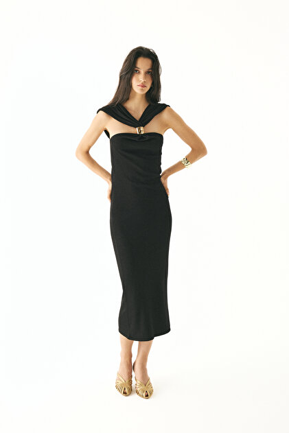 Quzu Long Dress Black with Gold Accessories- Trendyol
