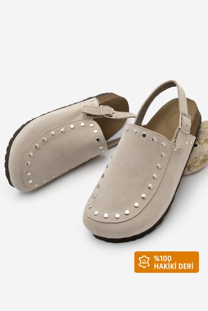 Women's Genuine Leather Eva Sole Closed Front Studded Sabo Daily Sandals Bolve Beige