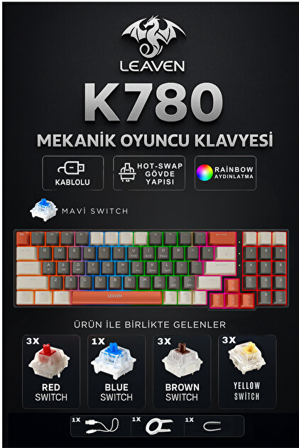 Leaven K780 Kompakt Mekanik Oyuncu Klavyesi-Hot swap-78 Tuş-Switch