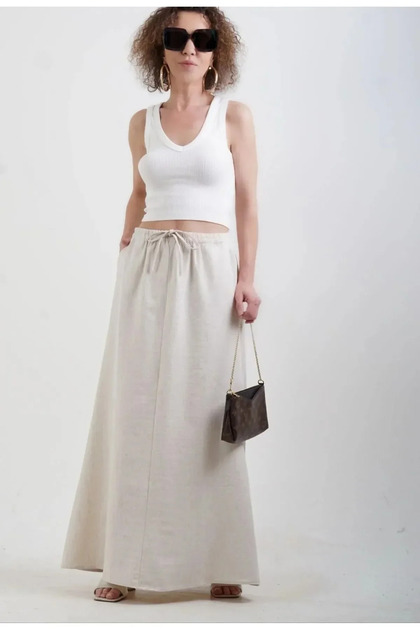 Cream Elastic Waist Maxi Linen Skirt - 4069