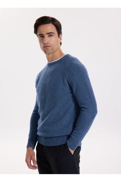 Bisiklet Yaka Slim Fit Düz İndigo Erkek Kazak F5WM-KZK 2331