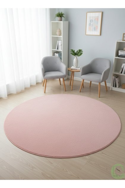 Post/Peluş Pembe Yuvarlak Saçaksız Halı Yıkanabilir Kaymaz Taban Salon Oturması Koridor Mutfak