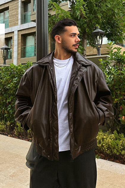 çerme Vintage Men's Oversize Brown Leather Jacket- Trendyol