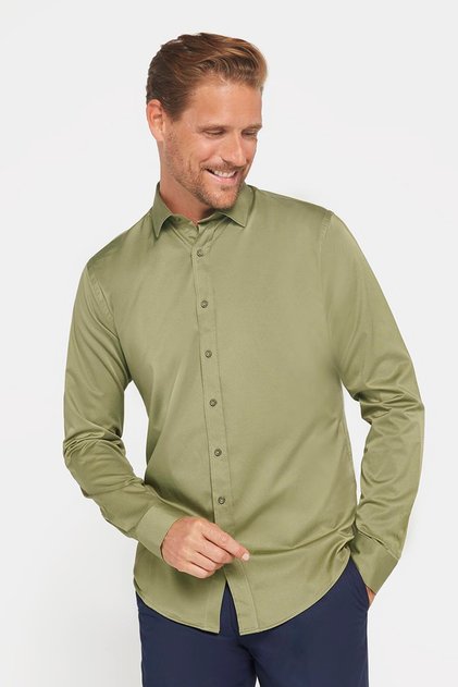 Slim Fit Long Sleeve Lycra Plain Cotton Satin Men's Green Shirt