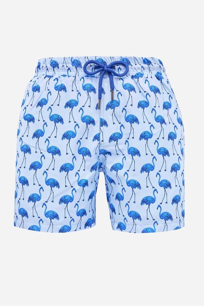 Men's Standard Fit Mesh Lined Quick-Drying Patterned White Swim Trunks