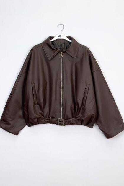Jaglion Luvren Bitter Brown Trend Oversized Bomber Belted Leather