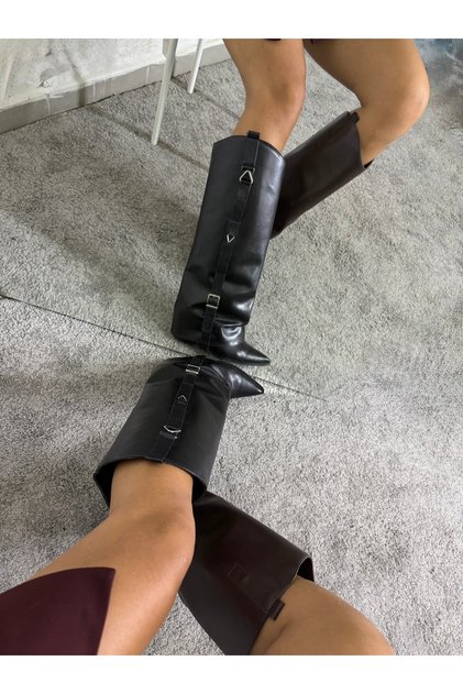 Women's Heeled Boots with Black Leggings Detail