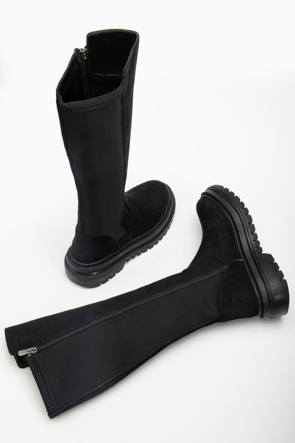 Women's Black Suede Boots Zippered Below Knee Daily Boots